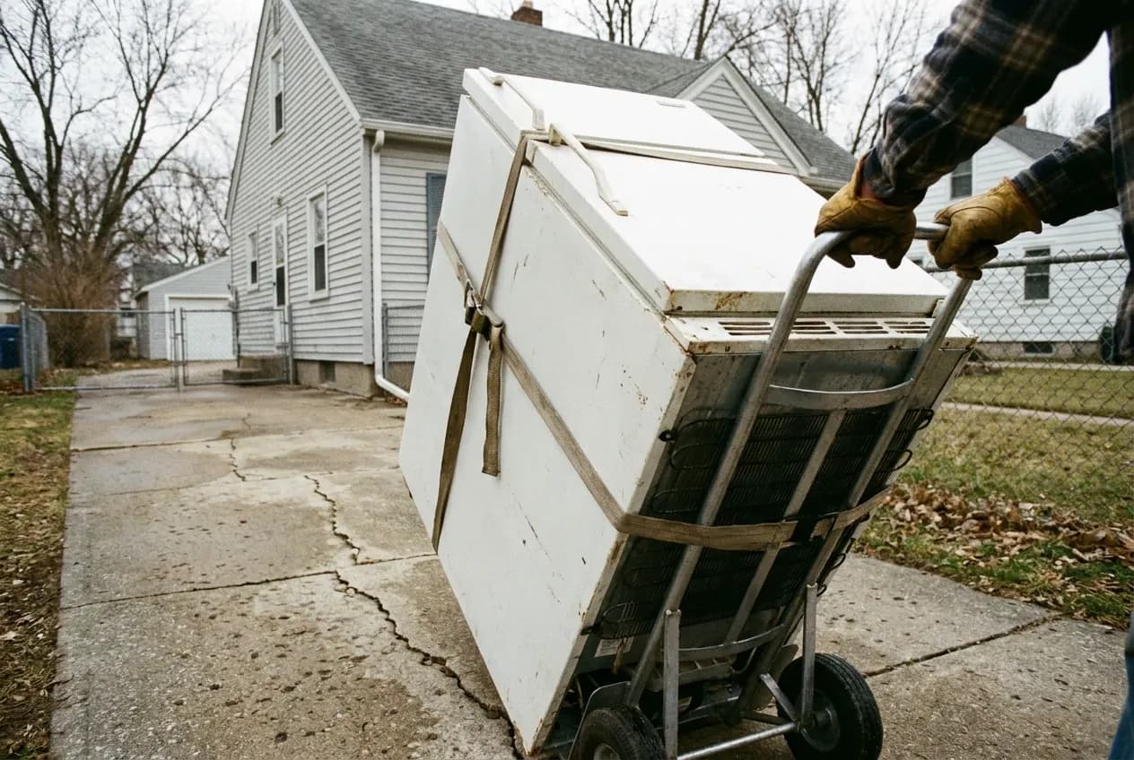 An old refrigerator strapped to a hand-truck dolly being wheeled down a driveway