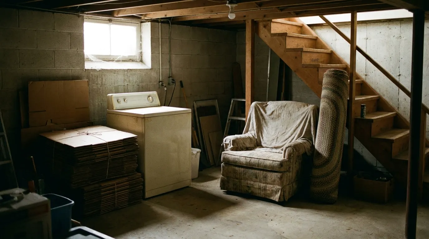 An appliance, boxes and a chair staged near a basement stairway, ready for pickup