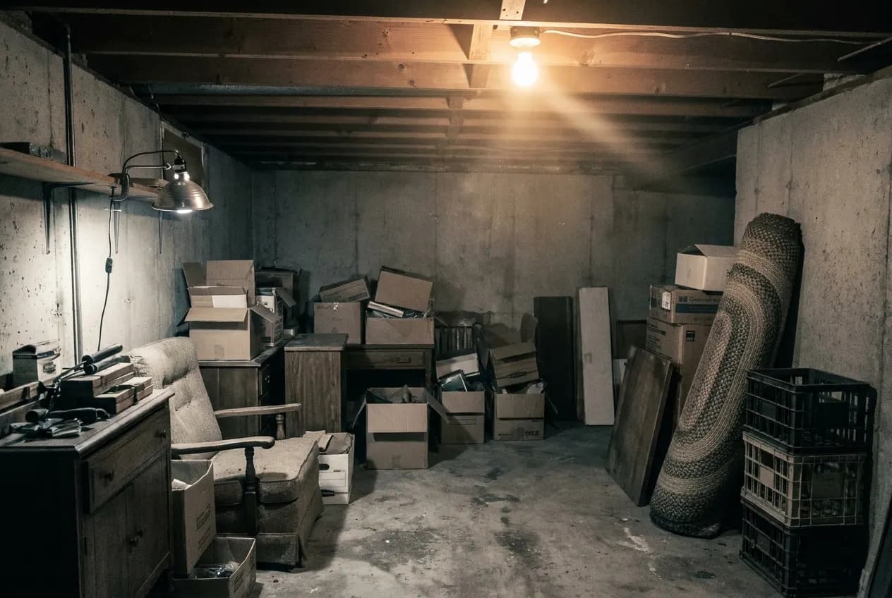 A basement mid-cleanout with boxes and furniture sorted and staged along the walls