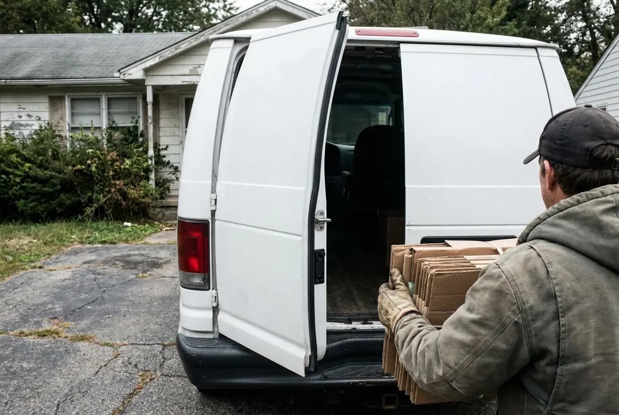 An unmarked cargo van with its doors open while boxes are loaded from a driveway