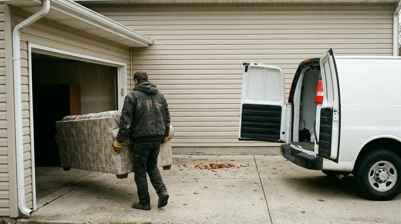 A worker carrying a sofa out of a garage toward an open cargo van