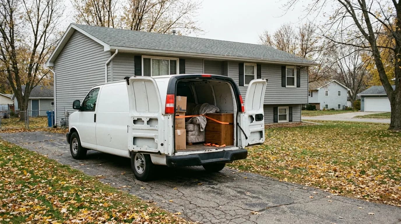 A cargo van partway loaded with furniture and boxes, parked in a driveway