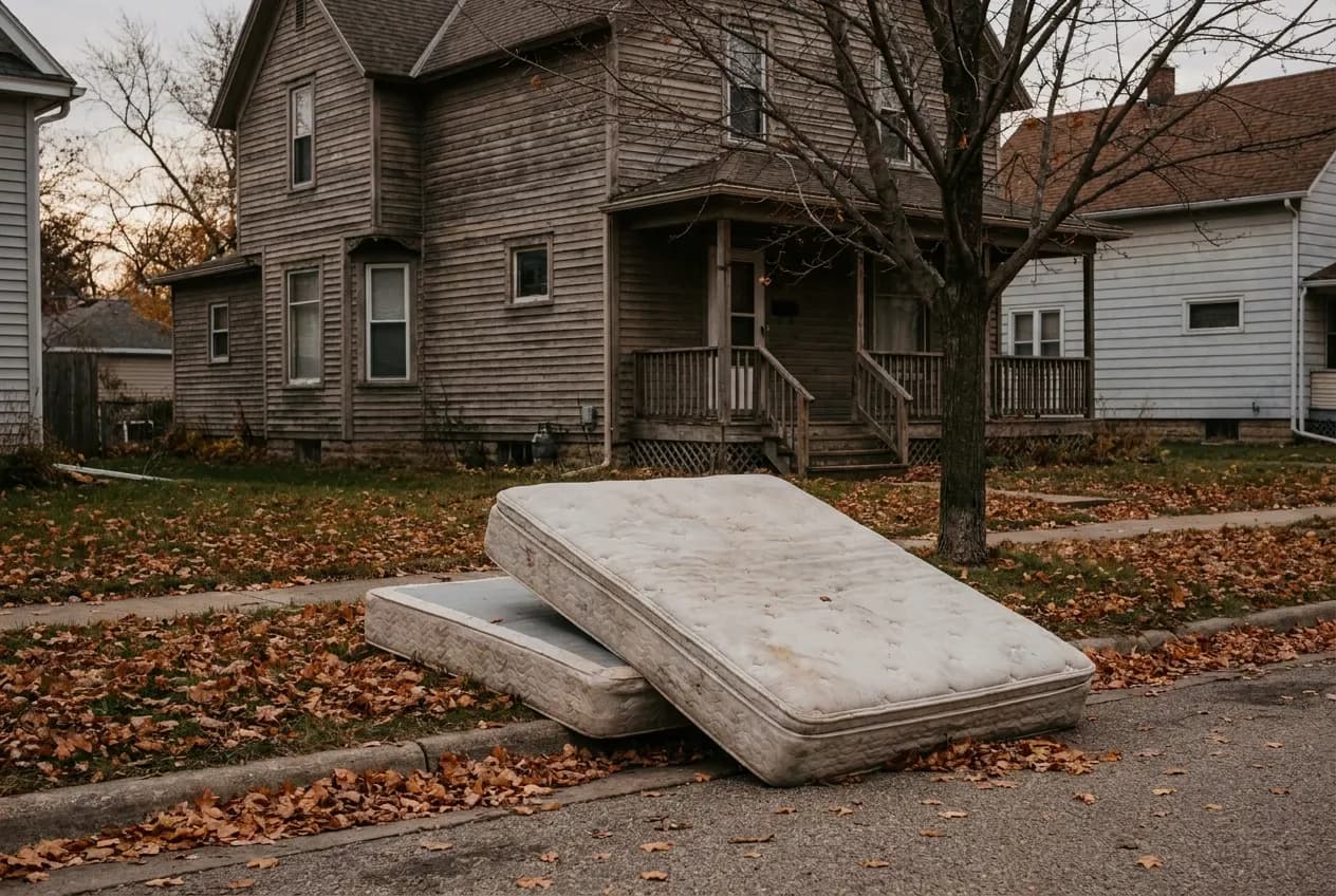 A mattress and box spring leaning together at the curb in front of a house