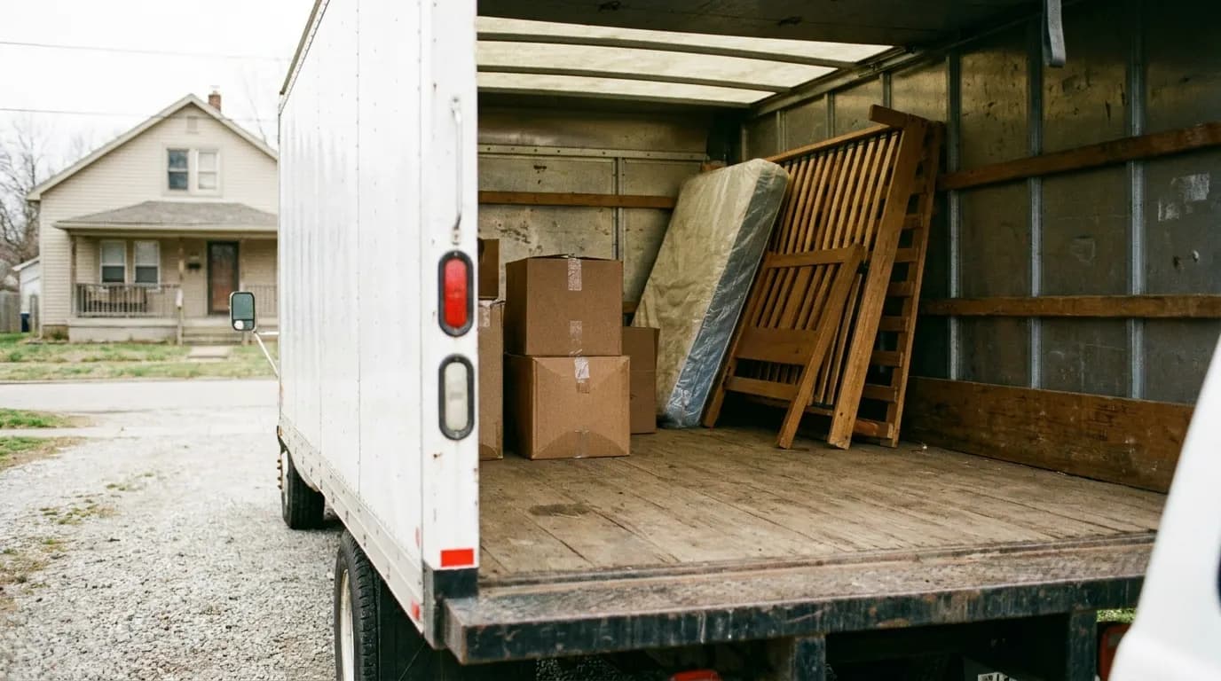 A truck cargo bed partly loaded with boxes and furniture, showing how a partial load fills the space