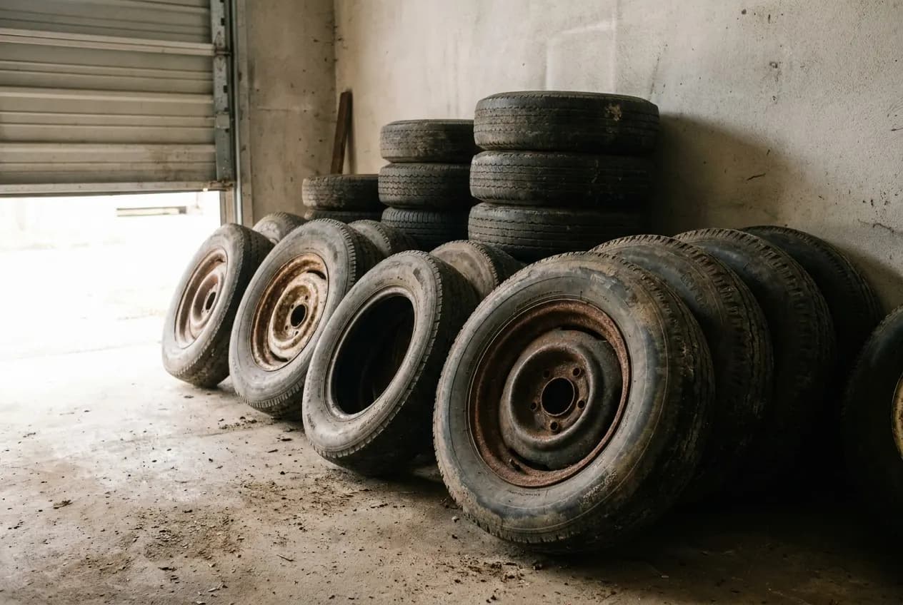 A stack of old tires leaning against the inside wall of a garage